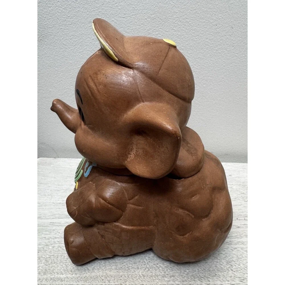⁠Vtg Elephant Cookie Jar Anthropomorphic Ceramic Swirl Lollipop Bowtie Basket⁠